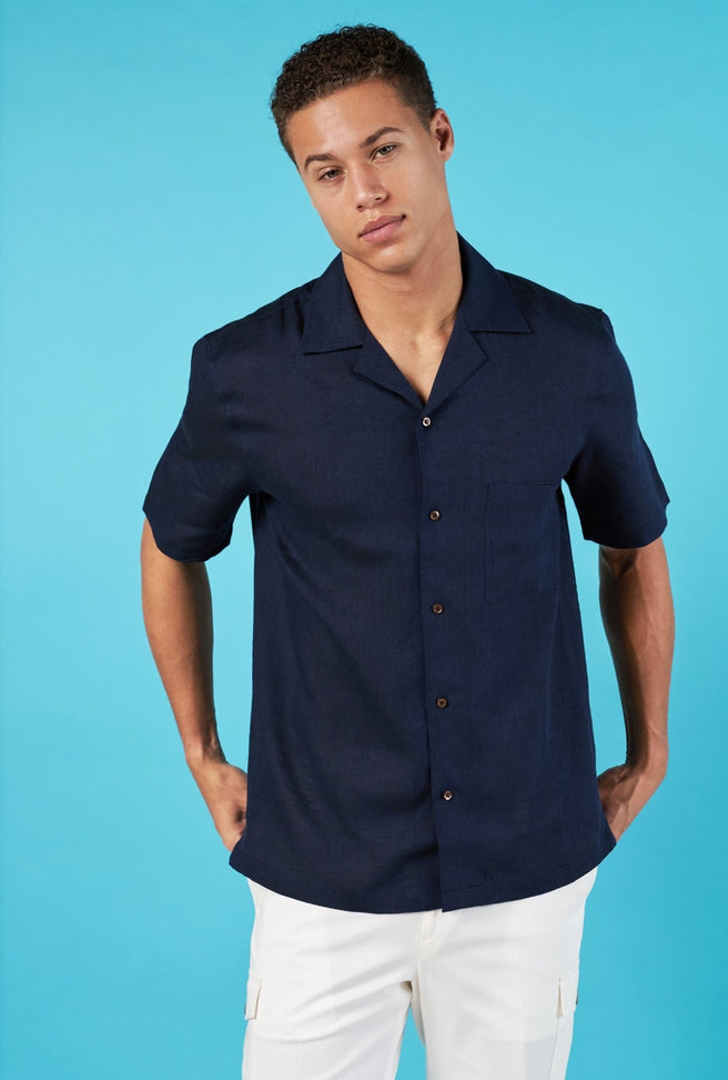 CAMISA MARINO MANGA CORTA 100% LINO - H&F - COLECCION - Camisa Azul Marino Manga Corta - HFCTSS2505CH - CH -