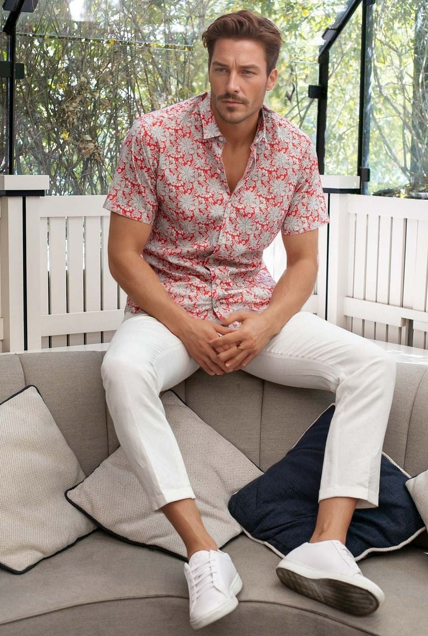 CAMISA ROJA ANARANJADA CON ESTAMPADO FLORAL - H&F - LIBERTY -