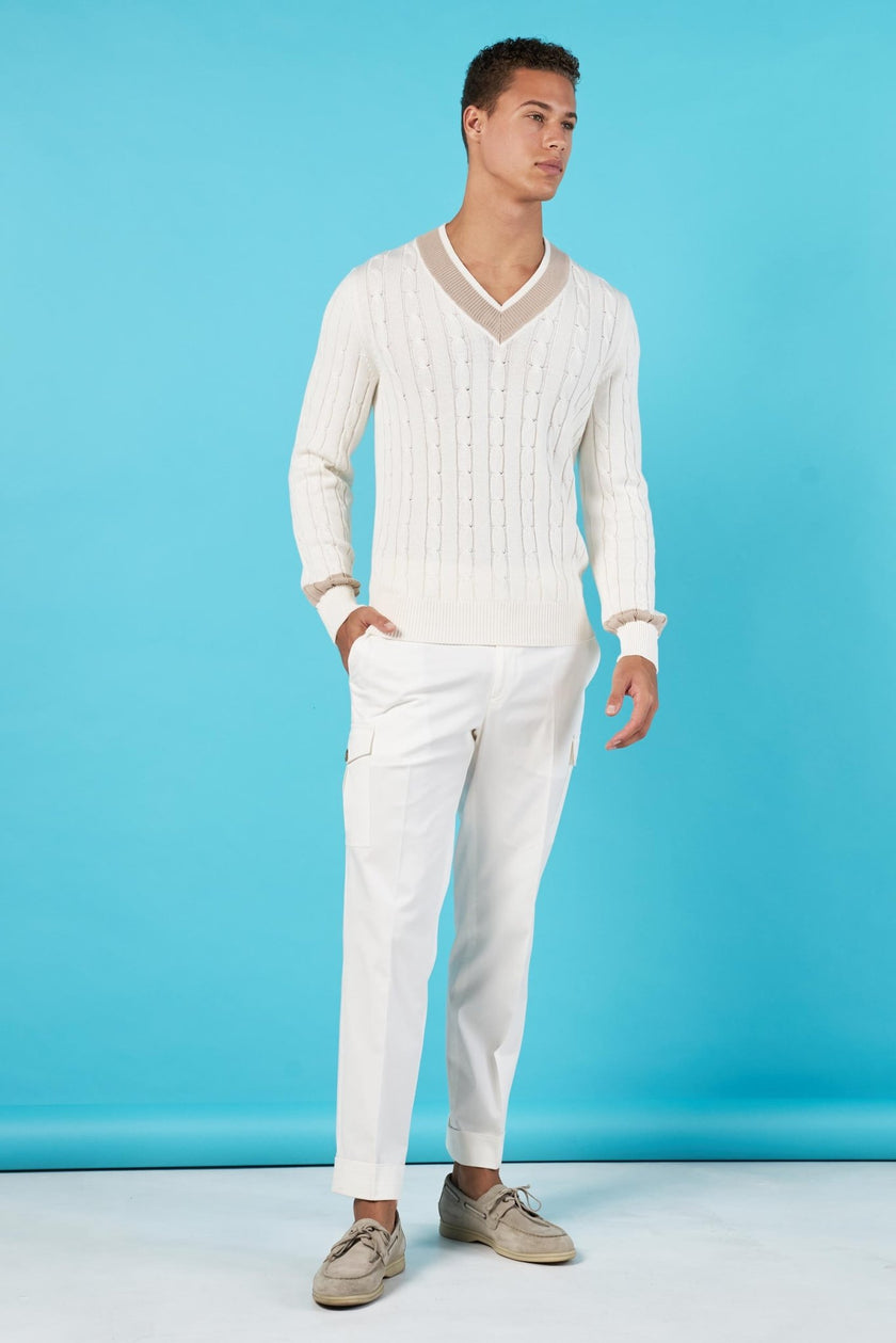 Sweater Trenzado Off White con Café - H&F - SUETER - Suéter trenzado Off White con café - HFSWSS2502CH - CH -