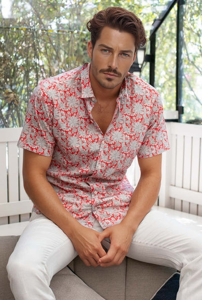 CAMISA ROJA ANARANJADA CON ESTAMPADO FLORAL - H&F - LIBERTY -