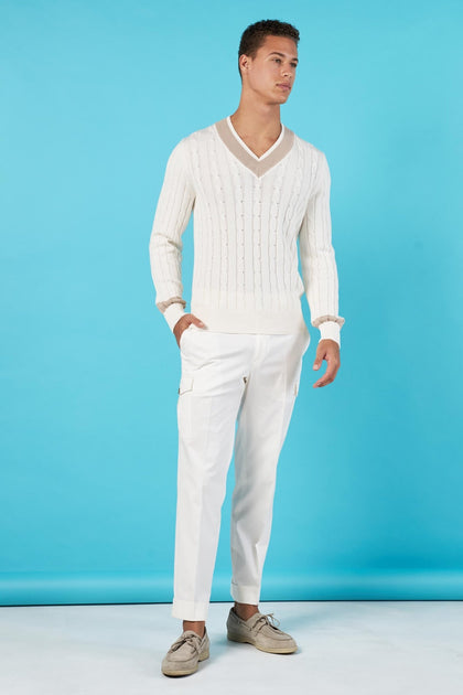 Sweater Trenzado Off White con Café - H&F - SUETER - Suéter trenzado Off White con café - HFSWSS2502CH - CH - 
