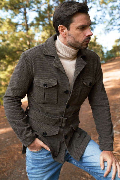 OVERSHIRT CAFE MINI CUADRO BEIGE CON CINTA - H&F - OVER SHIRT -