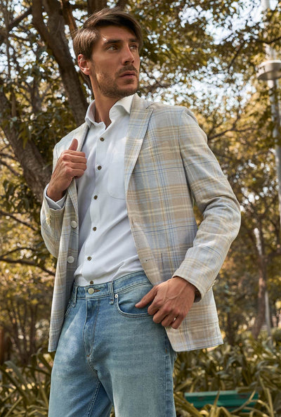 SACO BEIGE VENTANA AZUL Y CREMA - H&F - SACO - SACO BEIGE VENTANA AZUL Y CREMA - HFSTAW192646 - 46 - 