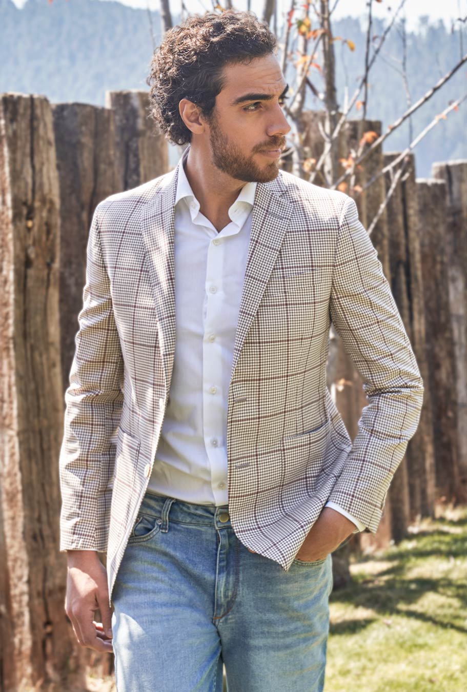 SACO MASCOTA BEIGE CUADRO VINO - H&F - SACO - SACO MASCOTA BEIGE CUADRO VINO - HFSTAW210846 - 46 - 