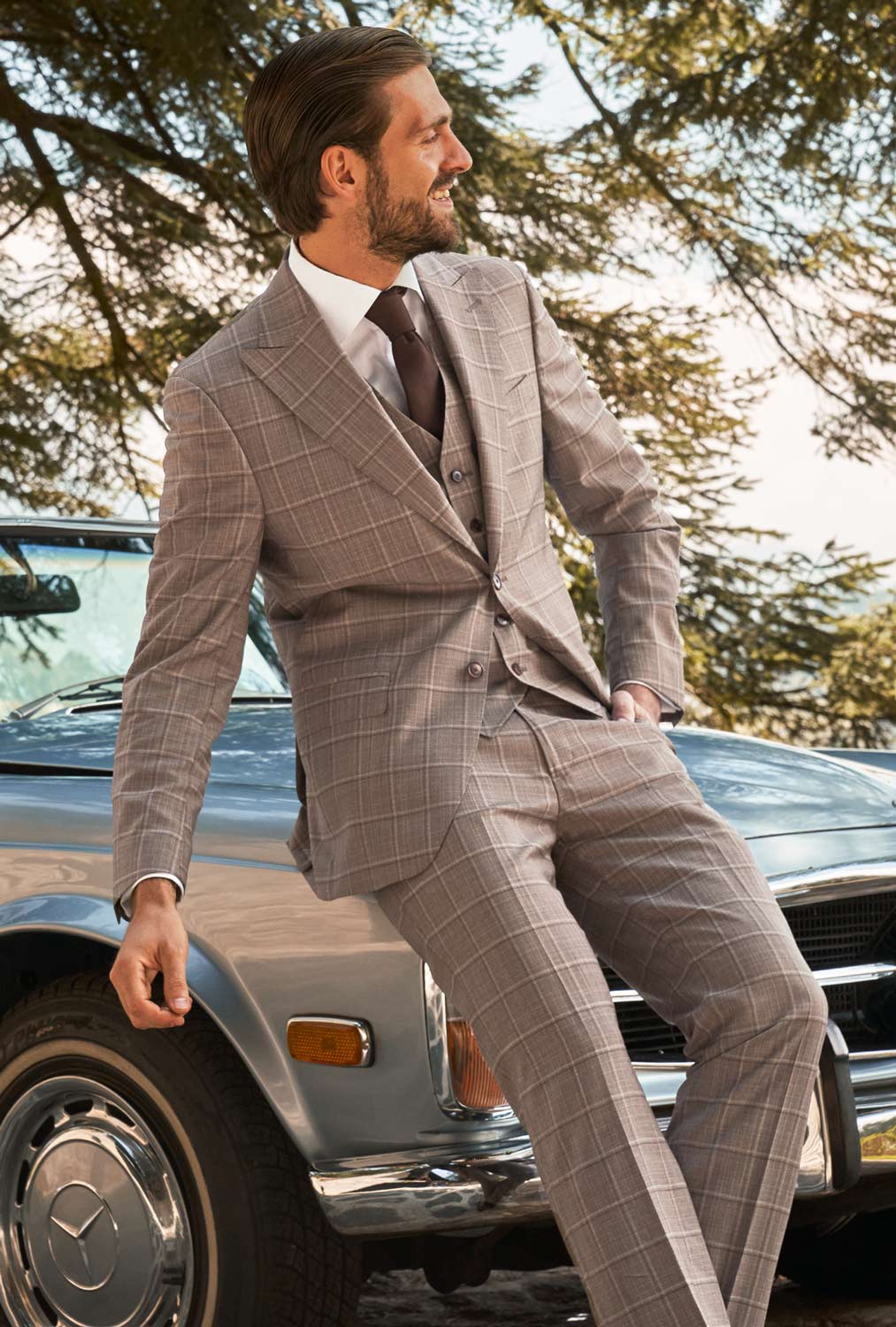 TRAJE DE 3 PIEZAS CAFÉ DE CUADROS - H&F - TRAJE - TRAJE DE 3 PIEZAS CAFÉ DE CUADROS - HFTTSS222444 - 44 - 