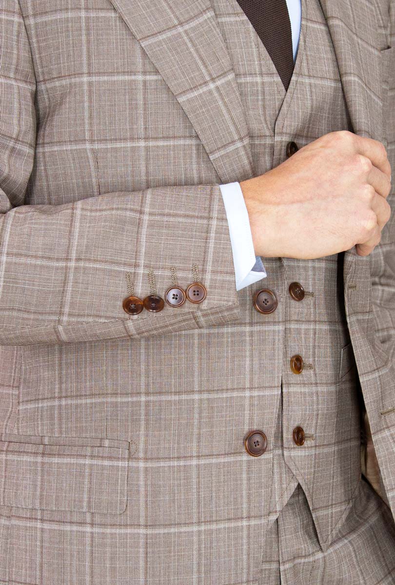 TRAJE DE 3 PIEZAS CAFÉ DE CUADROS - H&F - TRAJE - TRAJE DE 3 PIEZAS CAFÉ DE CUADROS - HFTTSS222444 - 44 - 